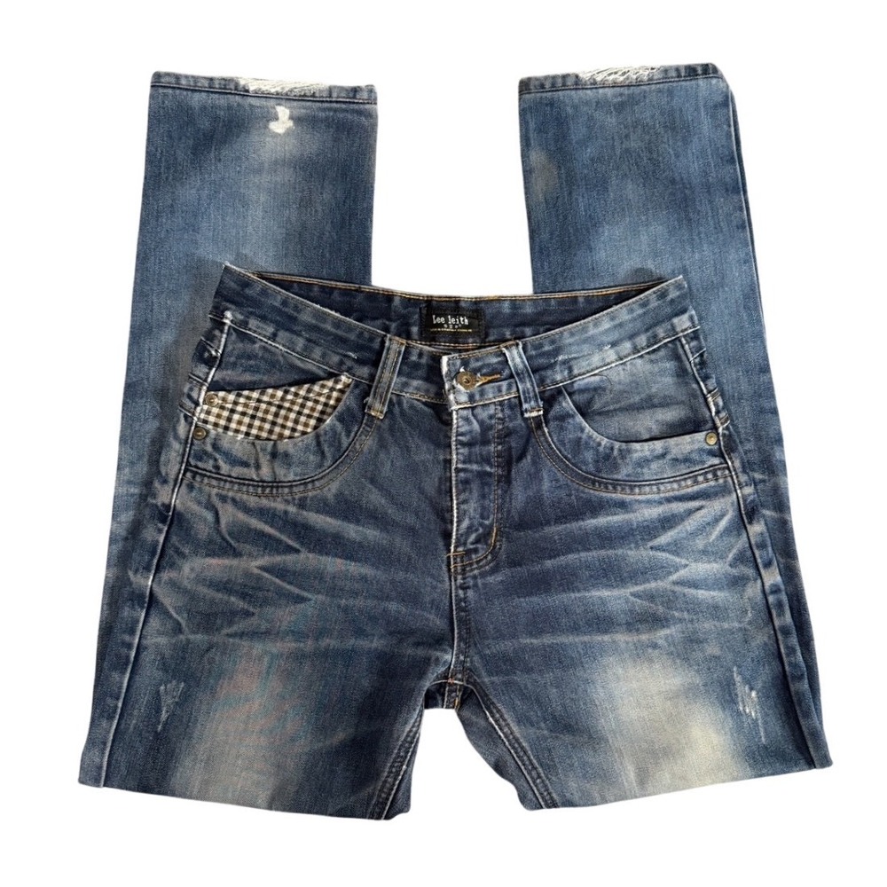 Lee Leith Men Distressed Whiskered Straight Leg Jeans Blue 31 32 Gingham Detail - Picture 2 of 9
